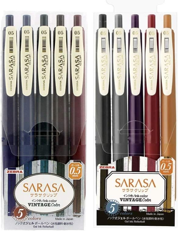 Zebra Sarasa Clip 0.5 Retractable Gel Ink Pen, Rubber Grip, 0.5 mm, Vintage Colors